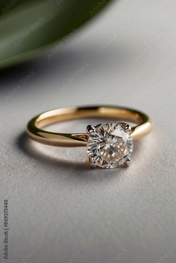 an elegant diamond engagement ring with a prominent solitaire, set on a slender gold band. The textured grey background adds a touch of sophistication an elegant diamond engagement ring with a prominent solitaire, set on a slender gold band. The textured grey background adds a touch of sophistication