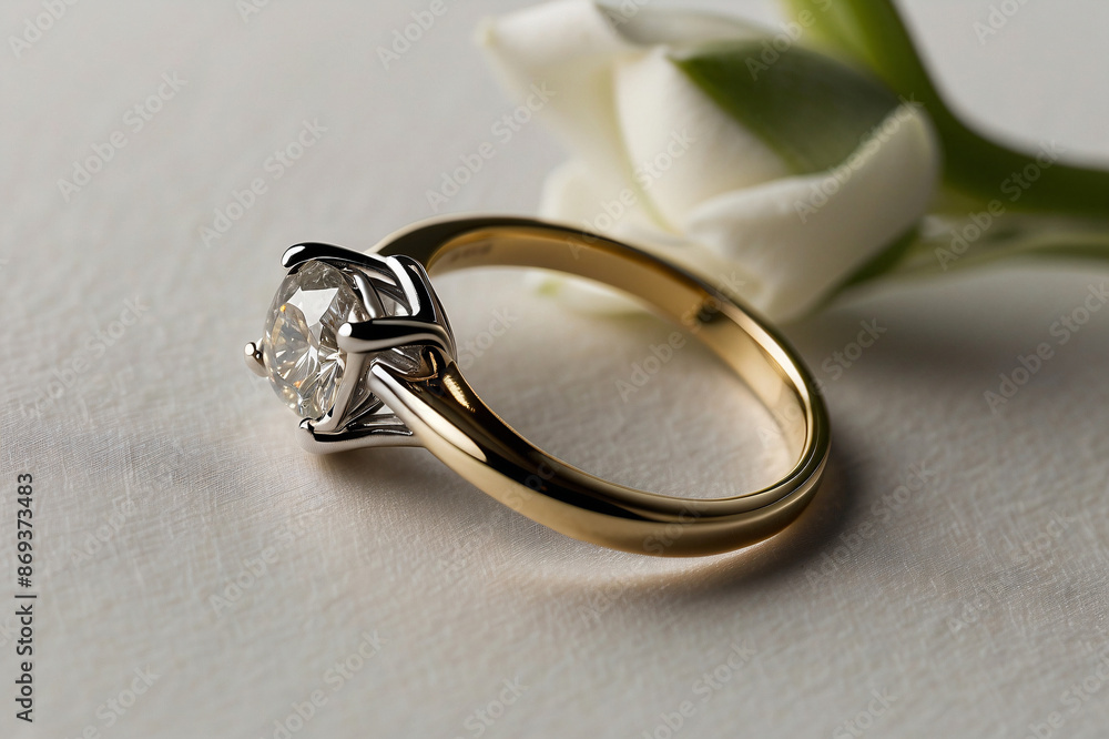 an elegant diamond engagement ring with a prominent solitaire, set on a slender gold band. The textured grey background adds a touch of sophistication an elegant diamond engagement ring with a prominent solitaire, set on a slender gold band. The textured grey background adds a touch of sophistication