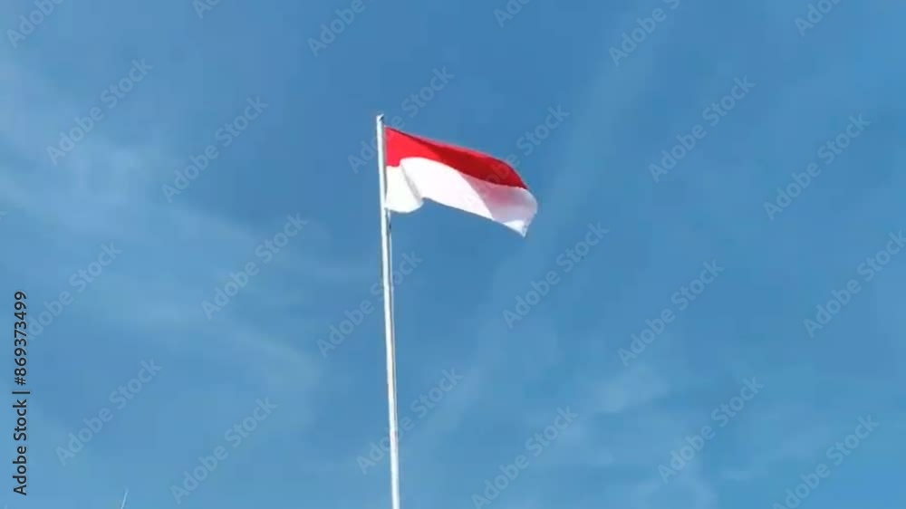 The red and white Indonesian flag flies in the blue sky The red and white Indonesian flag flies in the blue sky