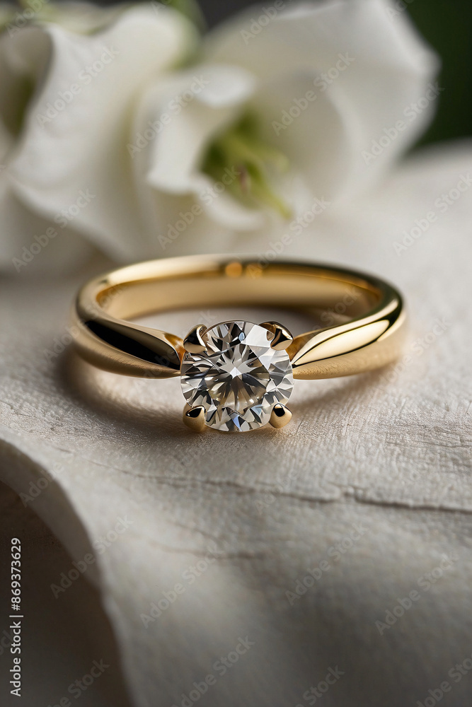 an elegant diamond engagement ring with a prominent solitaire, set on a slender gold band. The textured grey background adds a touch of sophistication an elegant diamond engagement ring with a prominent solitaire, set on a slender gold band. The textured grey background adds a touch of sophistication