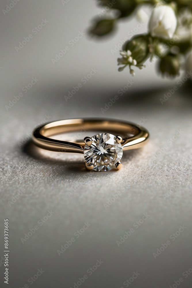an elegant diamond engagement ring with a prominent solitaire, set on a slender gold band. The textured grey background adds a touch of sophistication an elegant diamond engagement ring with a prominent solitaire, set on a slender gold band. The textured grey background adds a touch of sophistication