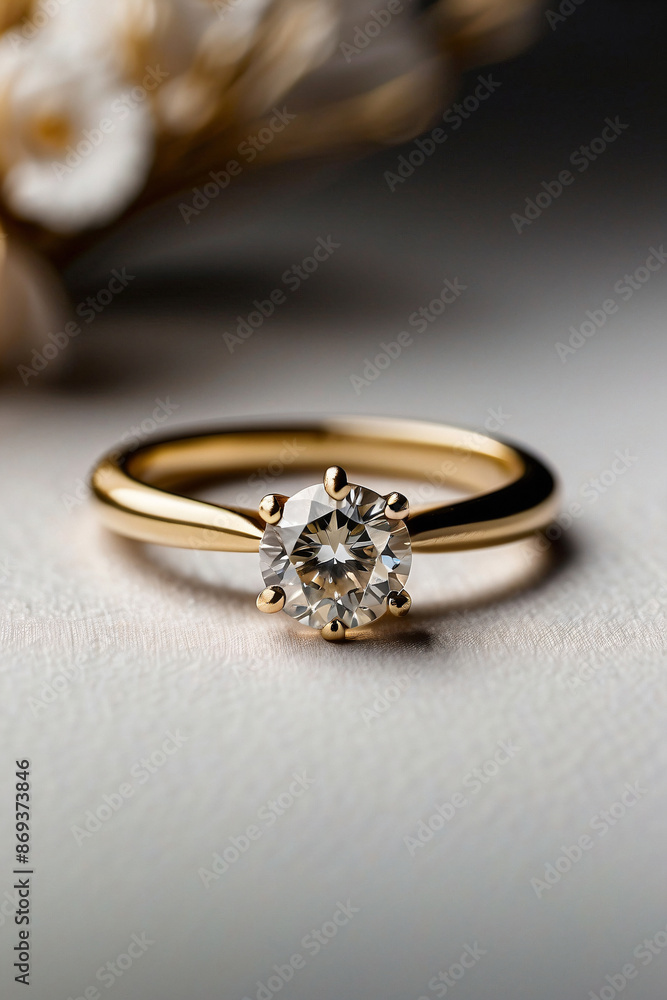 an elegant diamond engagement ring with a prominent solitaire, set on a slender gold band. The textured grey background adds a touch of sophistication an elegant diamond engagement ring with a prominent solitaire, set on a slender gold band. The textured grey background adds a touch of sophistication