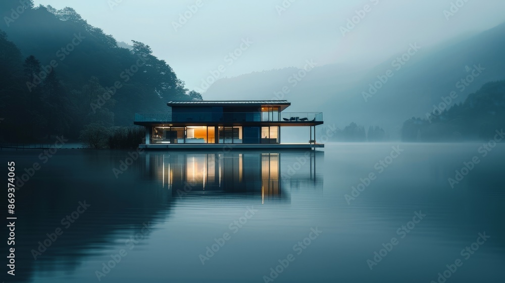 Modern house on a lake with fog in the background. The house is lit up and the reflection of the lights is visible in the water. Modern house on a lake with fog in the background. The house is lit up and the reflection of the lights is visible in the water.