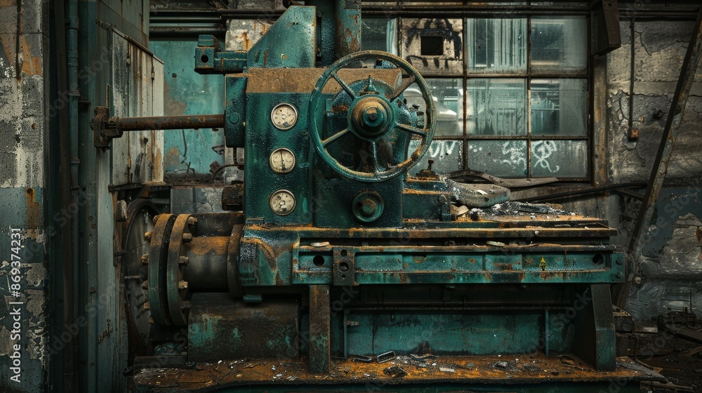 A rusty, green industrial machine sits idle in a forgotten factory. The weathered metal and chipped paint tell a story of hard work and time. A rusty, green industrial machine sits idle in a forgotten factory. The weathered metal and chipped paint tell a story of hard work and time.