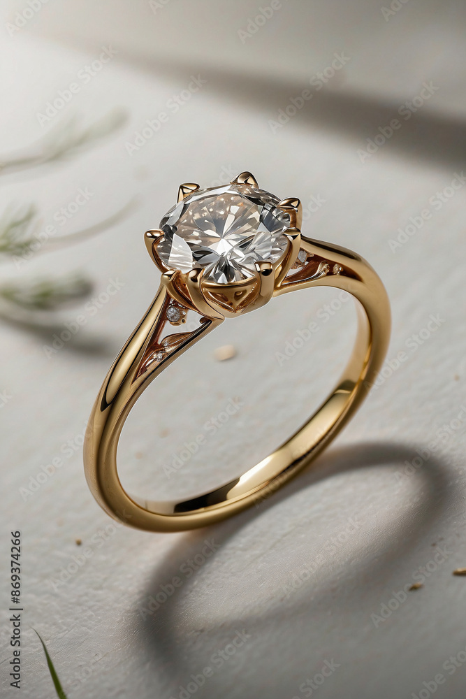an elegant diamond engagement ring with a prominent solitaire, set on a slender gold band. The textured grey background adds a touch of sophistication an elegant diamond engagement ring with a prominent solitaire, set on a slender gold band. The textured grey background adds a touch of sophistication