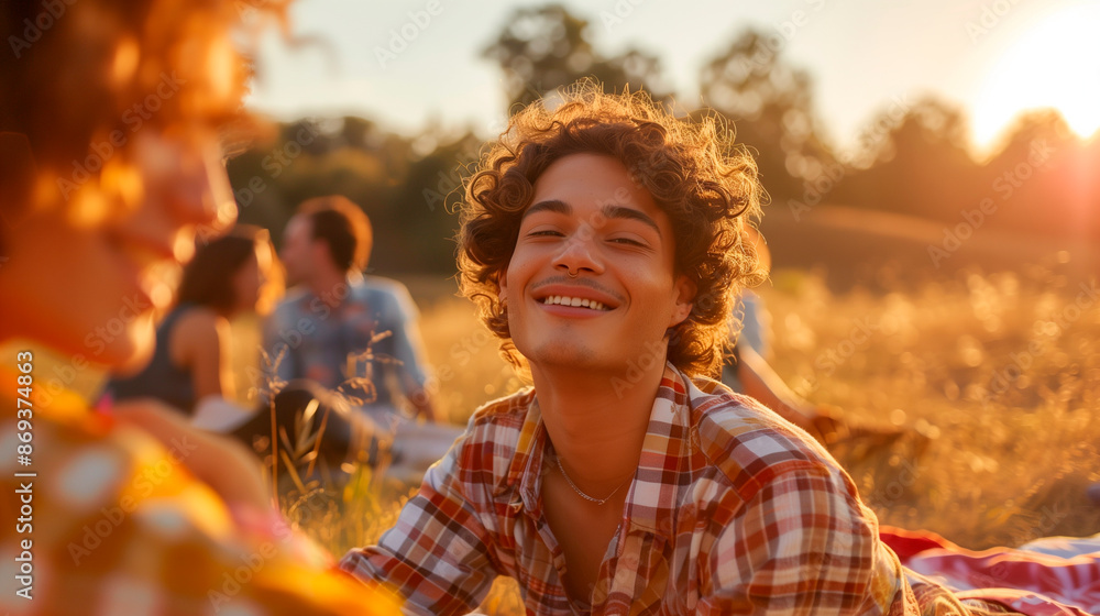Fototapeta premium of an LGBTQ+ individual enjoying a picnic with friends, their expression of contentment enhanced by the soft afternoon light, authentic moments, unique experiences