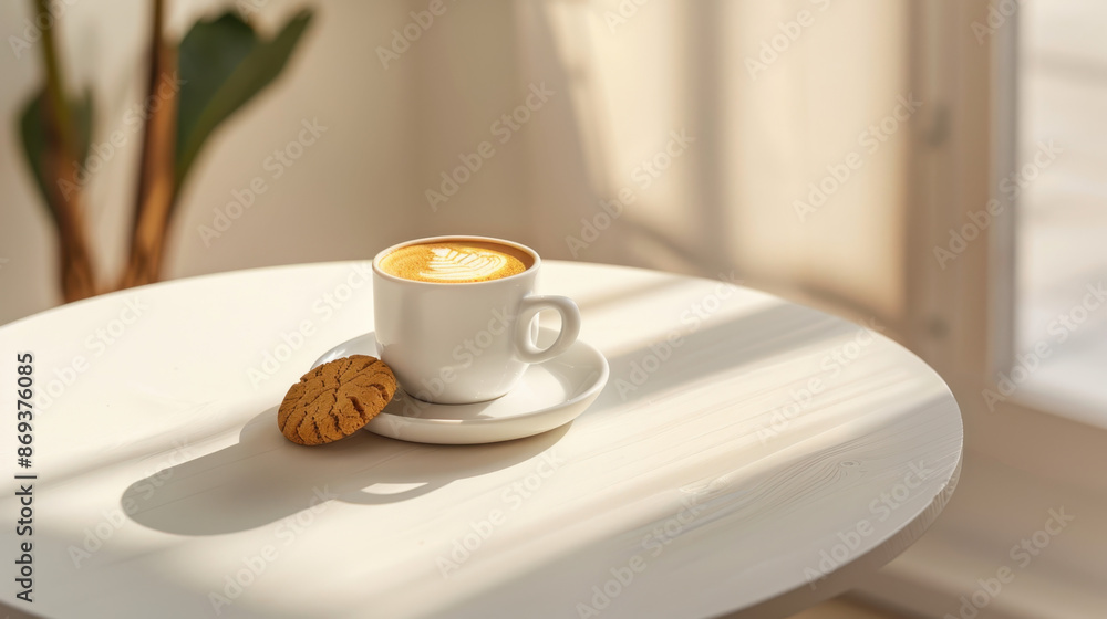 Obraz premium Freshly brewed cappuccino with latte art and cookie on a white table in a sunlit cozy setting