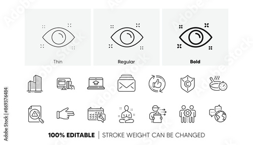 Website education, Skyscraper buildings and World communication line icons. Pack of Frying pan, Spanner, Copyright protection icon. Online payment, Mail, Click hand pictogram. Yoga. Line icons. Vector photo