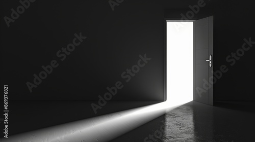 Open door in a dark room with light coming from outside, often used as a symbol of new beginnings or escape from darkness.