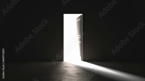 Open door in a dark room with light coming from outside, often used as a symbol of new beginnings or escape from darkness.