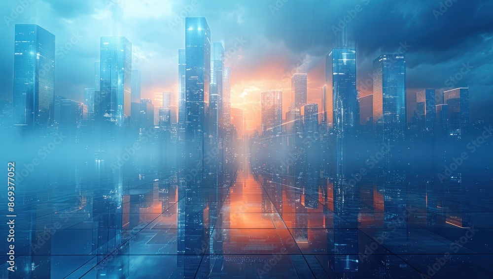 Fototapeta premium Cityscape at Sunset with Fog and Reflections