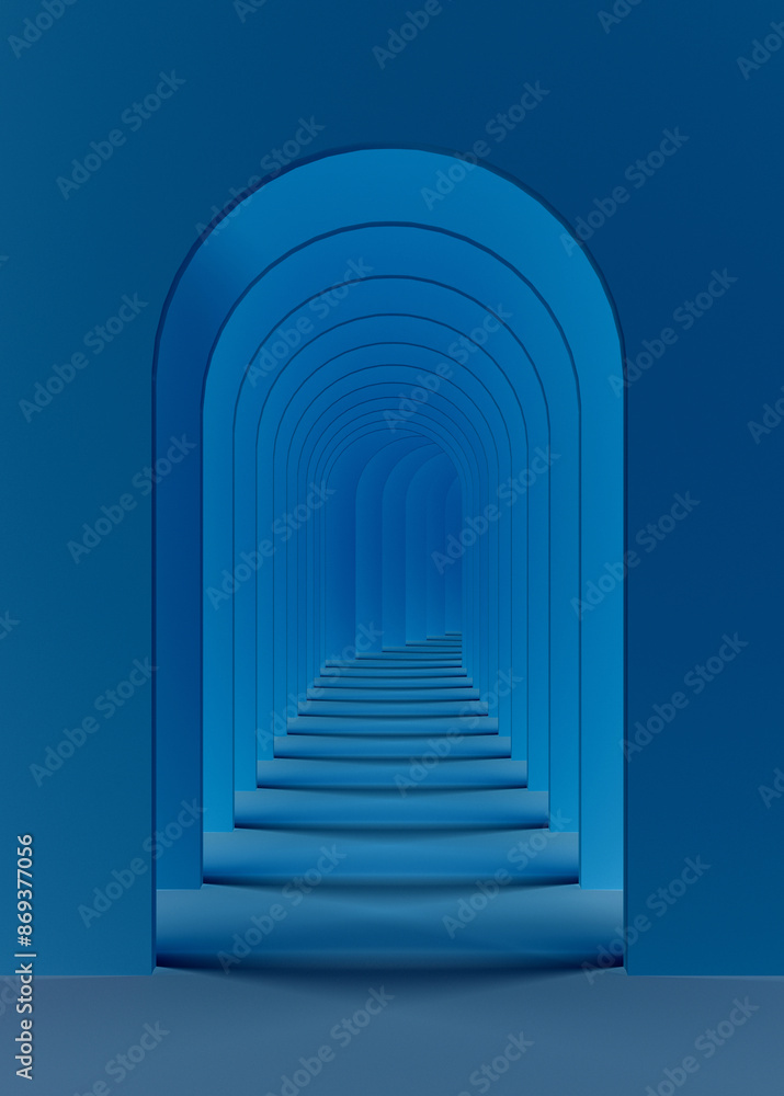 Obraz premium Arch corridor dark blue background concept rendering. Abstract dark blue surreal 3d render. Surrealistic interior 3d illustration.