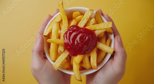 Hands Holding Bowl of French Fries With Ketchup on a Yellow Background