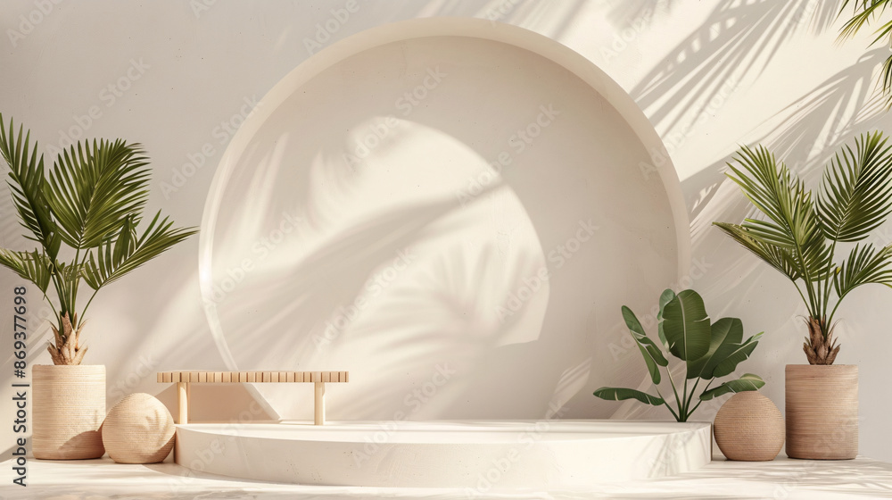 3D render of a minimal summer podium display with geometric shapes and tropical elements on a white background 3D render of a minimal summer podium display with geometric shapes and tropical elements on a white background
