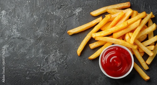 Crispy Golden French Fries With Red Ketchup on Dark Surface