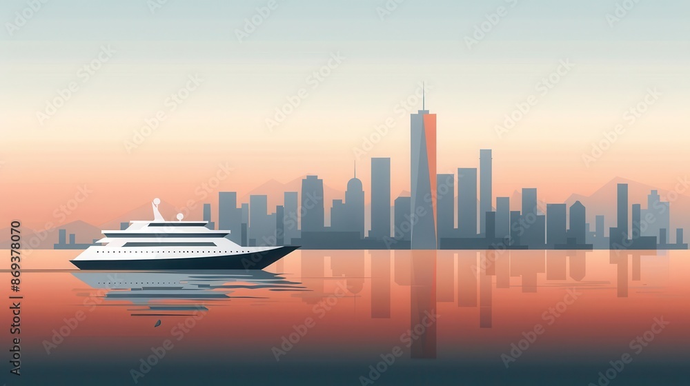 Obraz premium Ferry crossing, city skyline in background, flat design illustration