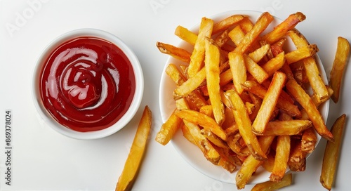 Crispy French Fries With Red Ketchup in a White Bowl on a White Surface