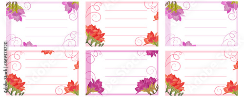 Set of colorful notebook name stickers with freesia flowers. Vector illustration for school supplies. Labels.