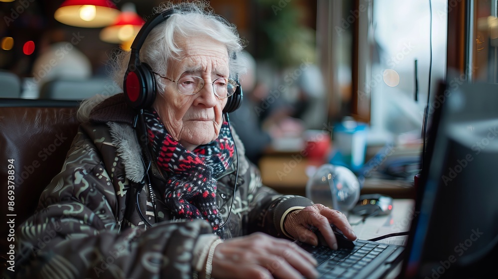 An elderly woman sits at a table, using a computer and wearing headphones. An elderly woman sits at a table, using a computer and wearing headphones.