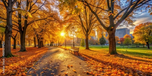 Golden Autumn Path in a City Park - A picturesque autumn scene with a pathway lined by golden trees in a city park, bathed in the warm glow of a setting sun.