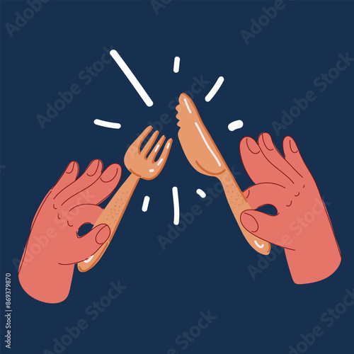 Carton vector illustration of hands holding fork and knife over dark background