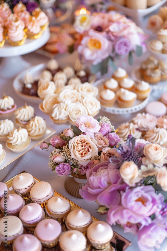 Elegant dessert table with various baked goods in the background you can see slightly fuzzy flowers Elegant dessert table with various baked goods in the background you can see slightly fuzzy flowers