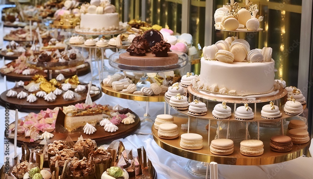 A lavish dessert buffet featuring an array of beautifully decorated cakes, pastries, and sweets. A lavish dessert buffet featuring an array of beautifully decorated cakes, pastries, and sweets.