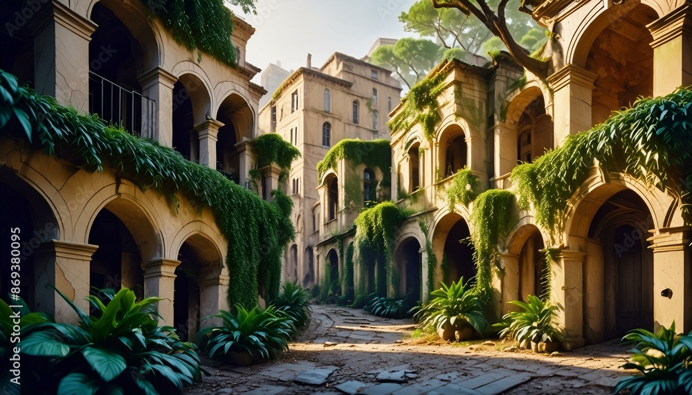 A hauntingly beautiful scene of an abandoned city overgrown with vegetation A hauntingly beautiful scene of an abandoned city overgrown with vegetation