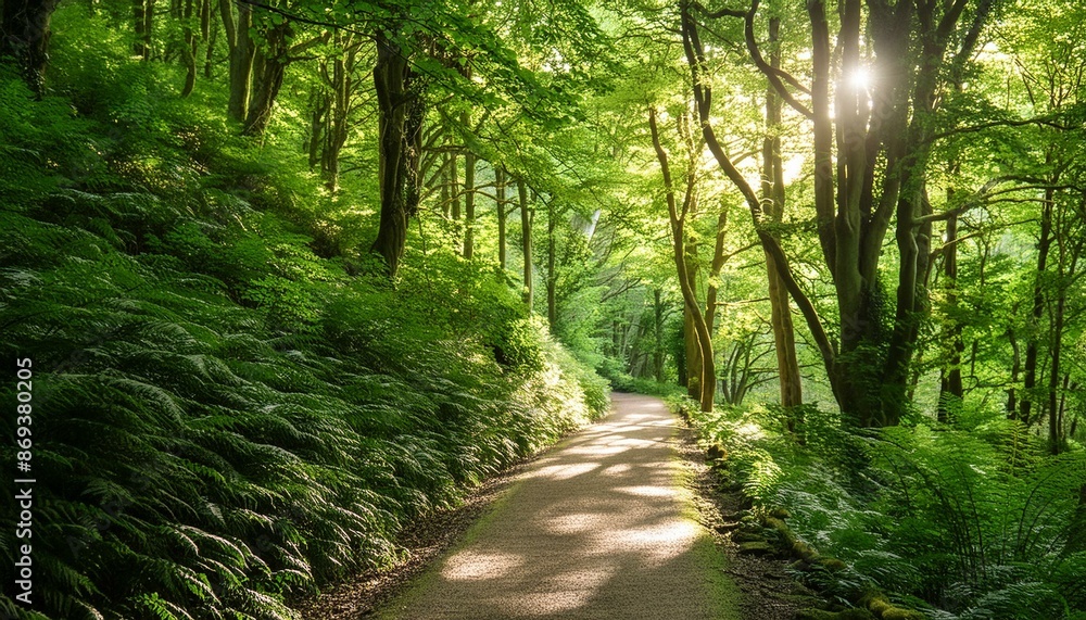 A peaceful forest path surrounded by dense, lush greenery, dappled sunlight filtering through the trees. A peaceful forest path surrounded by dense, lush greenery, dappled sunlight filtering through the trees.