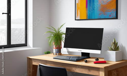 Home Office: Depictions of remote work setups, including minimalist desks, stylish home offices, and tech gadgets. A sleek, modern home office setup featuring a minimalist white desk with clean lines photo