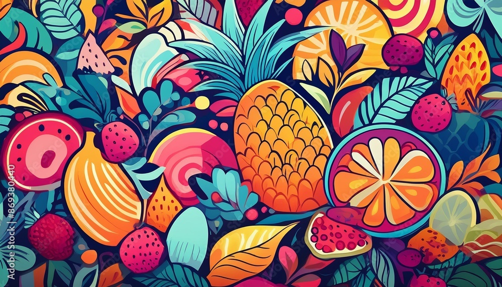 A vibrant and colorful background bursting with a variety of fruits including pineapples, berries, melons, and citrus. A vibrant and colorful background bursting with a variety of fruits including pineapples, berries, melons, and citrus.
