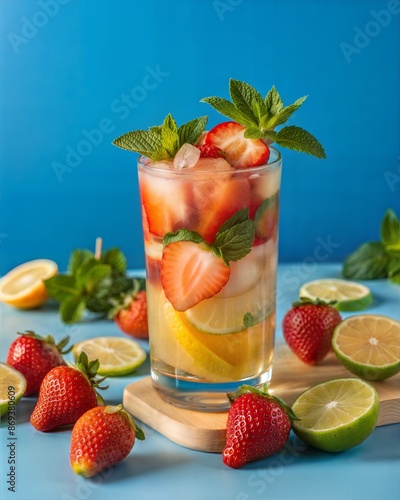 Refreshing Strawberry Mojito with Ice, Mint, and Citrus Slices Against Blue Background