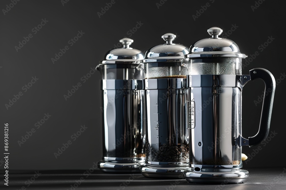 Glass French presses for making coffee on dark background Glass French presses for making coffee on dark background