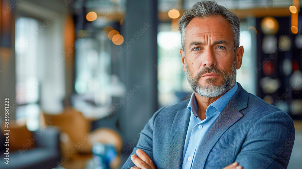 A man in a blue suit and shirt stands with his arms crossed in an office setting, looking directly at the camera with a confident expression A man in a blue suit and shirt stands with his arms crossed in an office setting, looking directly at the camera with a confident expression