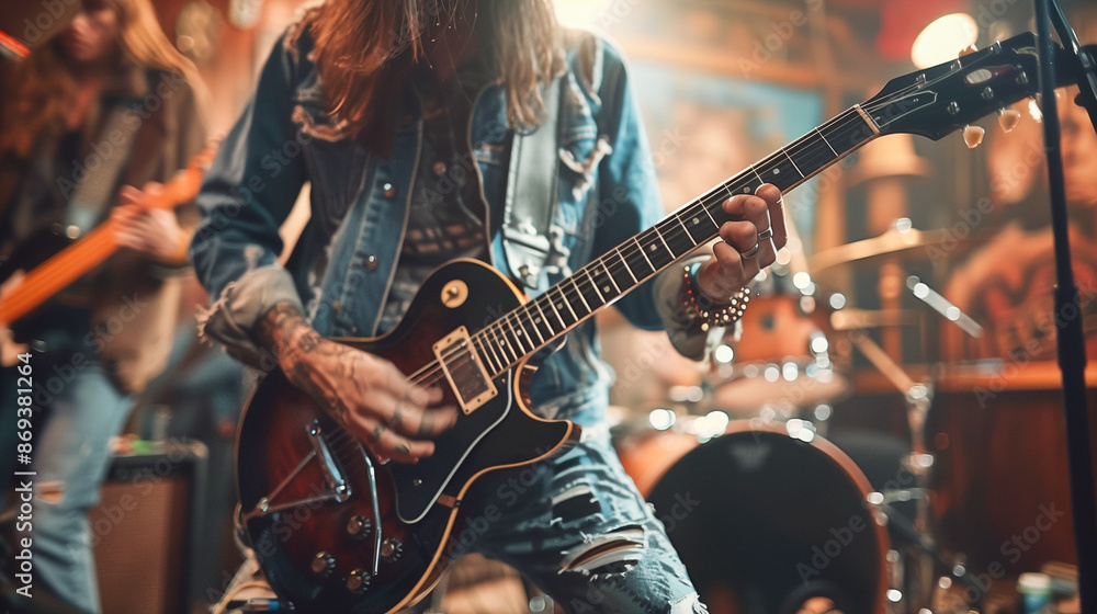Fototapeta premium A close-up shot of a rock guitarists hands playing a classic electric guitar on stage during a live performance, showcasing the energy and skill of a musician in action