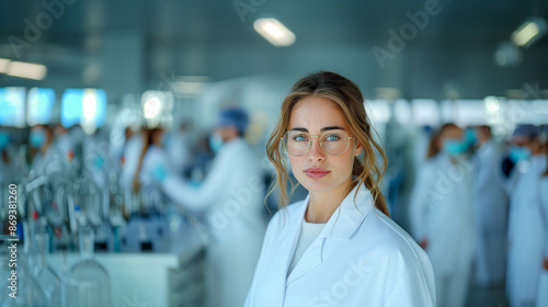A young woman in a lab coat and glasses stands confidently in a modern lab setting, surrounded by colleagues