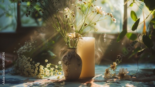 Flowers and candle on a table with natural light photo