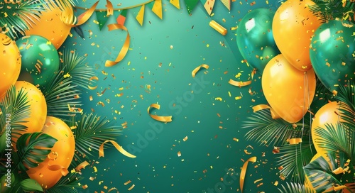 Tropical Party Balloons and Confetti on Green Background