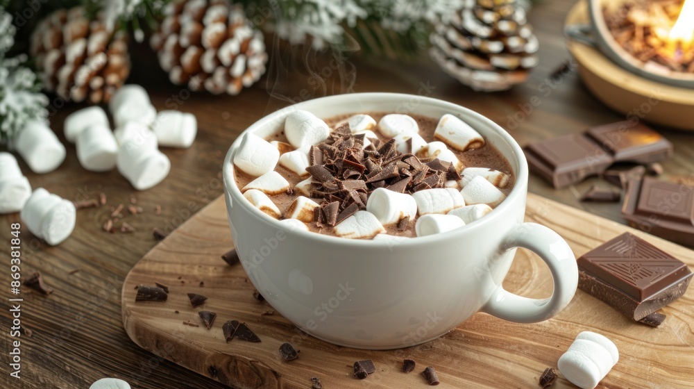 A rich cup of hot chocolate with marshmallows and chocolate shavings, served on a cozy wooden table with a winter backdrop A rich cup of hot chocolate with marshmallows and chocolate shavings, served on a cozy wooden table with a winter backdrop