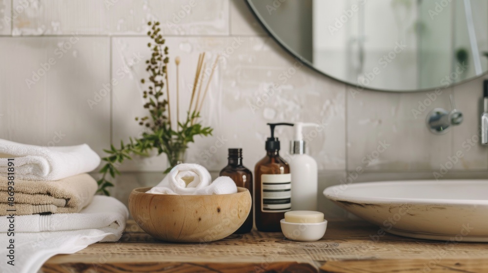 Fototapeta premium Cozy bathroom countertop with toiletries and towels