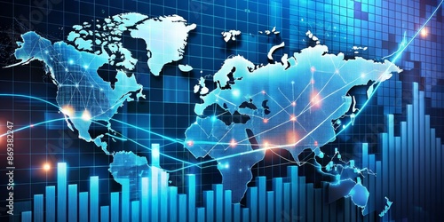 Global Network and Market Growth Visualization - A stylized world map with interconnected lines and glowing dots, overlaid on a background of blue bar graphs, representing a global network 