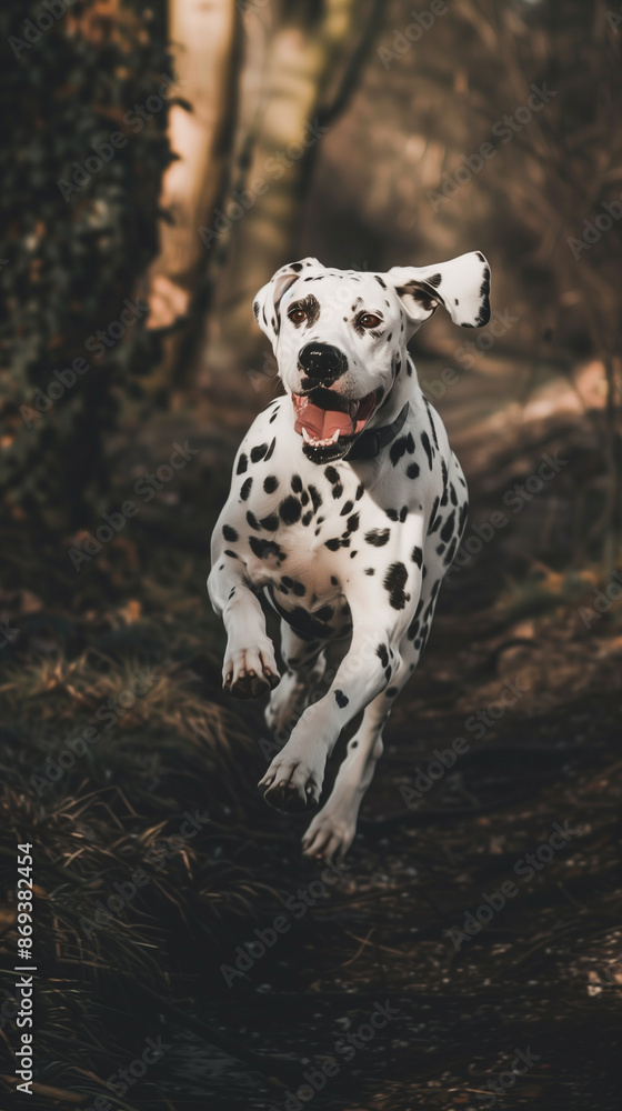Full body shot of a Dalmatian, happily running in the soft sunlight. Full body shot of a Dalmatian, happily running in the soft sunlight.