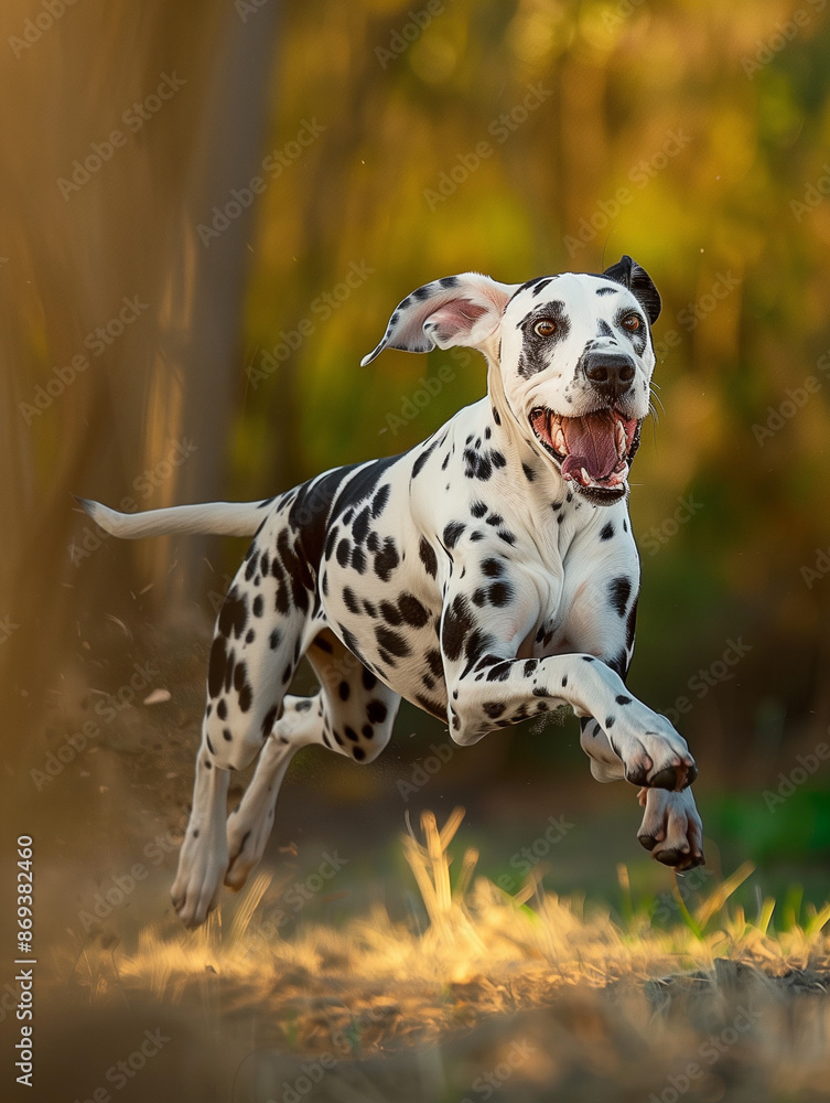 Full body shot of a Dalmatian, happily running in the soft sunlight. Full body shot of a Dalmatian, happily running in the soft sunlight.