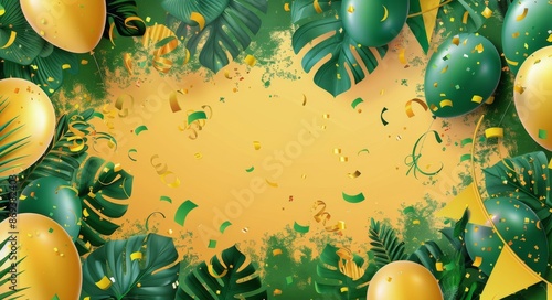 Tropical Party Balloons and Confetti on Green Background