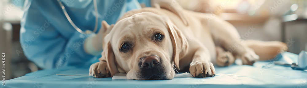 Dog lying on examination table, vet conducting check-up, 8k, photo-realistic, studio light, close-up shot Dog lying on examination table, vet conducting check-up, 8k, photo-realistic, studio light, close-up shot