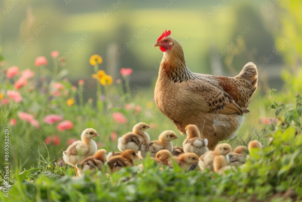 Fototapeta premium Hen with Chicks in a Spring Meadow
