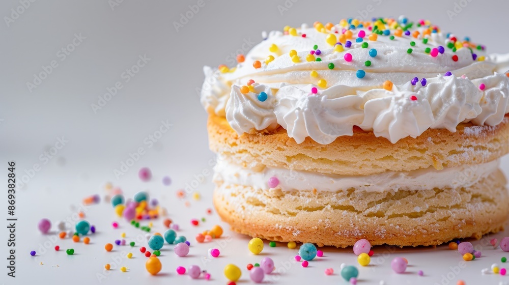 Realistic close up of biscuit cake with white whipped cream and colorful sprinkles Realistic close up of biscuit cake with white whipped cream and colorful sprinkles