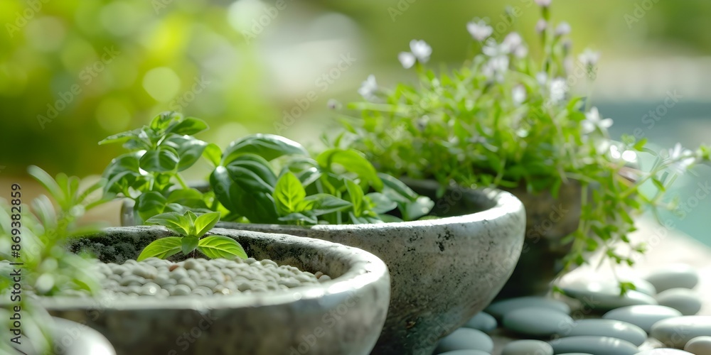 Soothing Zen Garden Infused with Ayurvedic Herbs and Spices. Concept Zen Garden, Ayurvedic Herbs, Spices, Relaxing Atmosphere Soothing Zen Garden Infused with Ayurvedic Herbs and Spices. Concept Zen Garden, Ayurvedic Herbs, Spices, Relaxing Atmosphere