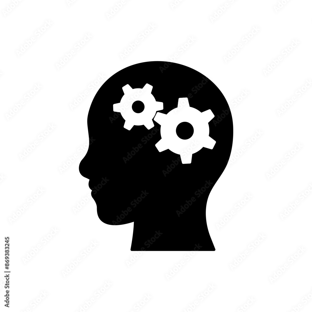 Gears in the head black icon. Human head with gear. Idea of planning, mind. Work with the head, for: illustration, logo, mobile, app, emblem, design, web, site, ui, ux. Vector EPS 10 Gears in the head black icon. Human head with gear. Idea of planning, mind. Work with the head, for: illustration, logo, mobile, app, emblem, design, web, site, ui, ux. Vector EPS 10