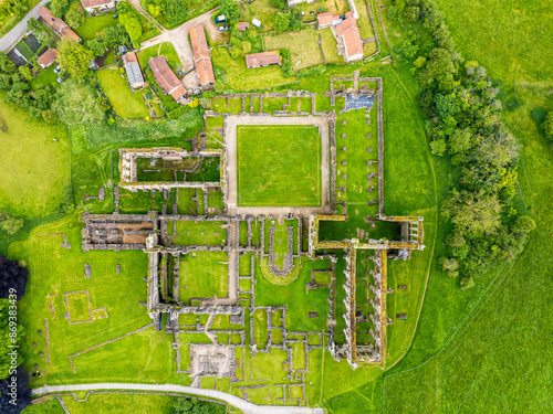 Top Down over Rievaulx Abbey from a drone, North York Moors National Park, North Yorkshire, England photo